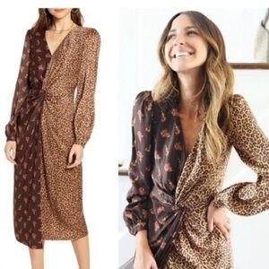 SOMETHING NAVY MIXED PATTERN FLORAL AND LEOPARD PRINT SATIN MIDI DRESS